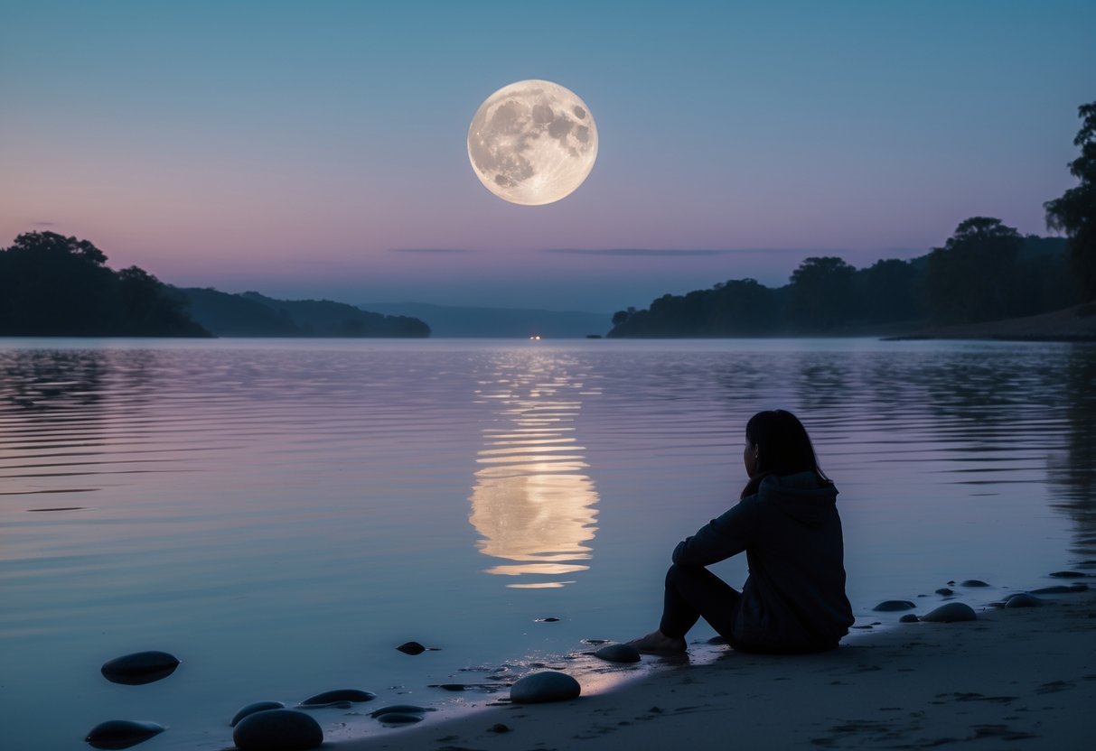 A person sitting quietly by a calm lake at twilight, looking at the full moon reflected on the water, surrounded by stones and trees.