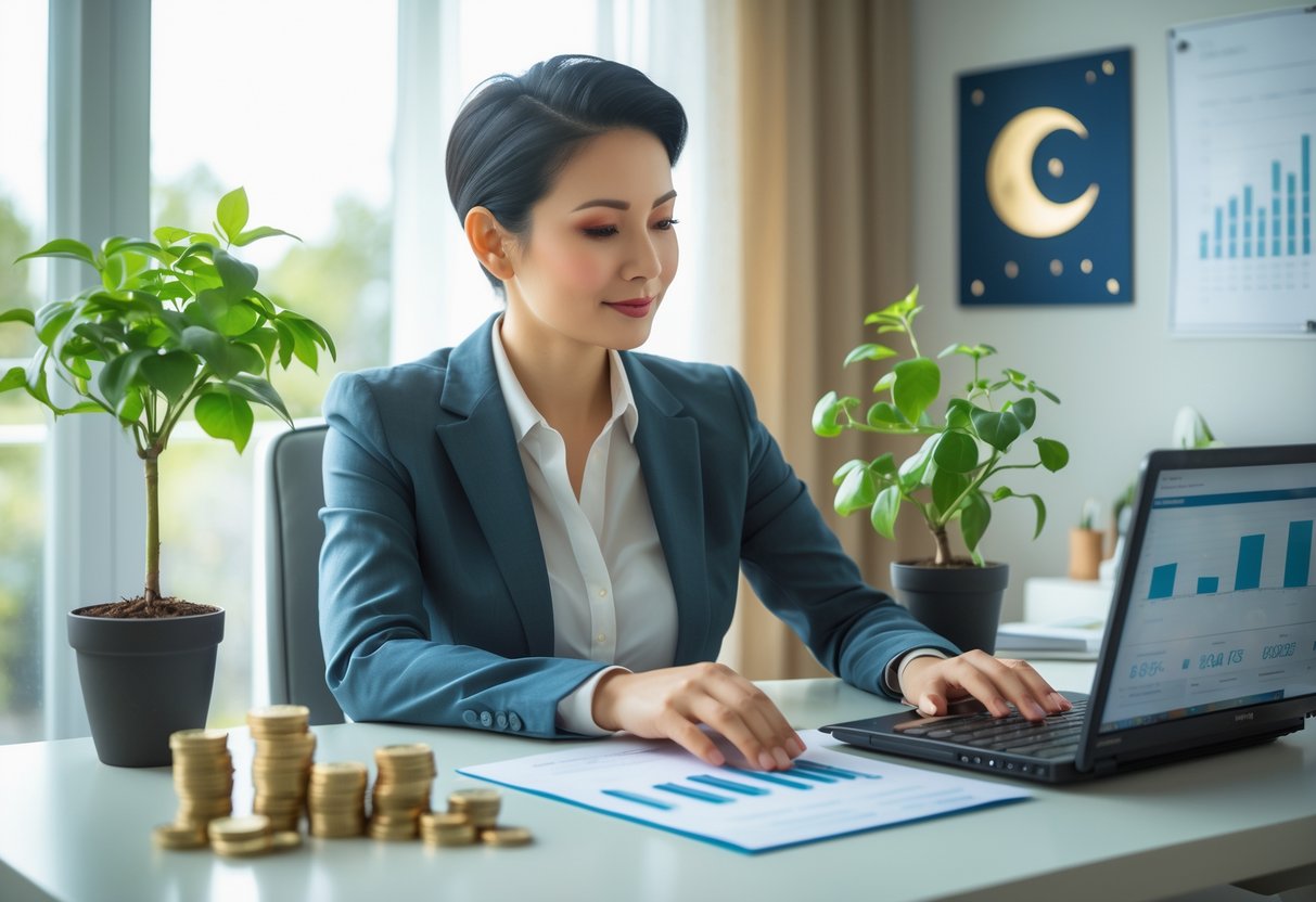 A person sitting at a desk in a home office surrounded by coins, a plant, and financial documents, looking thoughtfully at their work.