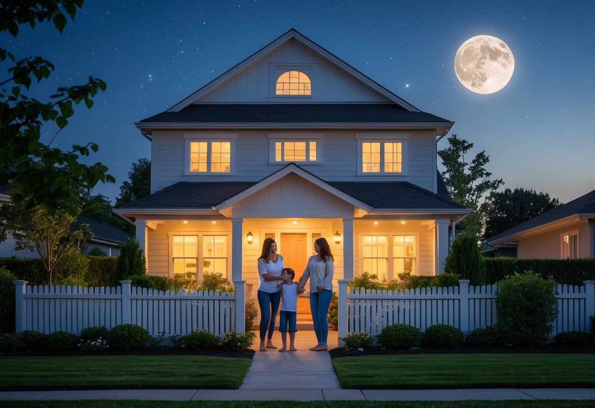 A family of four sharing a loving moment outside their suburban house at night with a full moon in the sky.