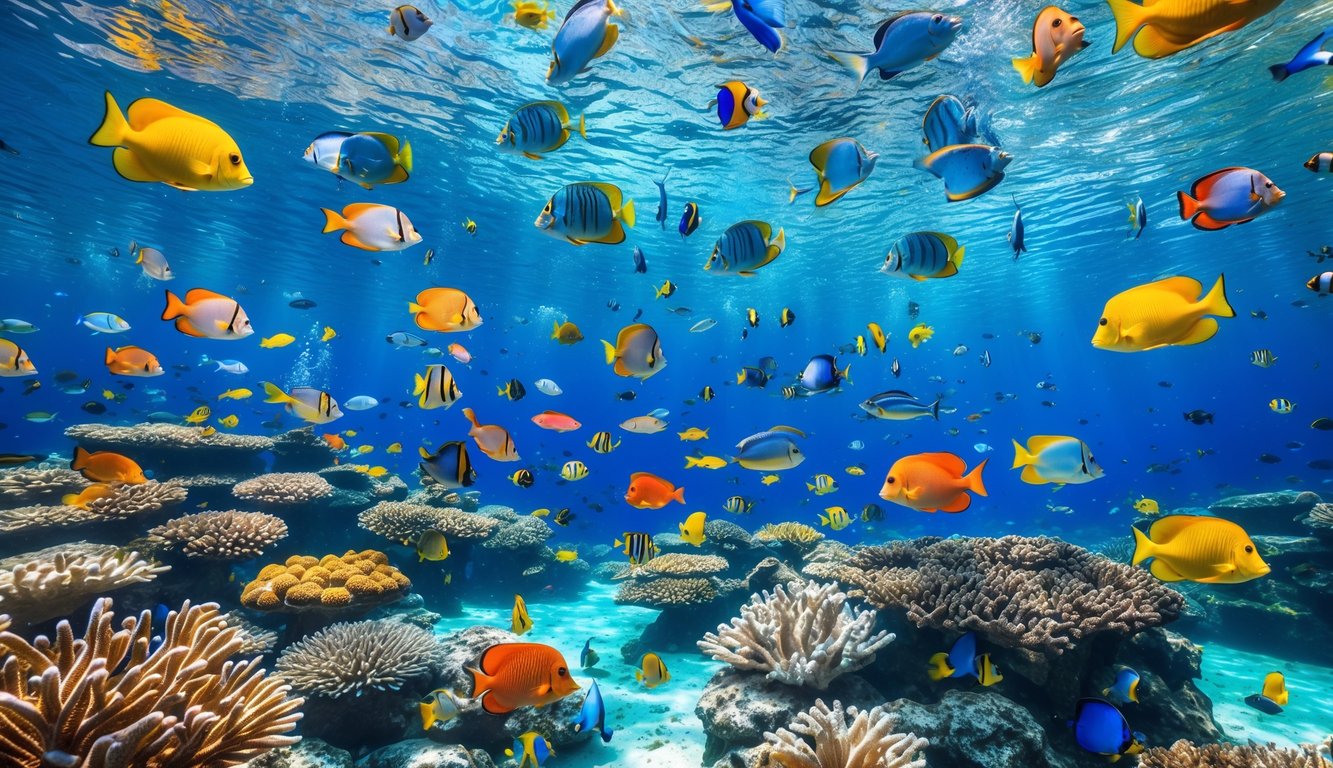 Pemandangan bawah laut yang jernih dengan berbagai ikan berwarna-warni berenang di antara terumbu karang.