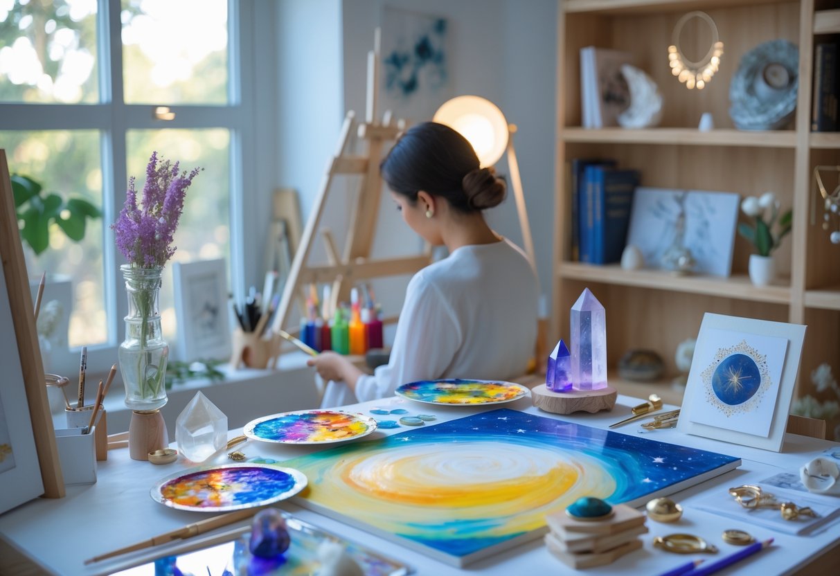 An artist painting in a sunlit studio surrounded by art supplies, crystals, and personal items that reflect creativity and emotional expression.
