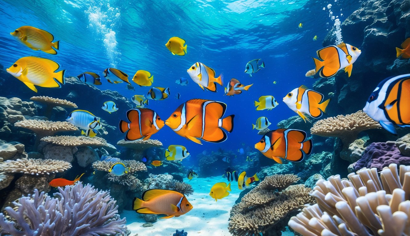 Pemandangan bawah laut dengan berbagai ikan berwarna-warni berenang di antara terumbu karang.