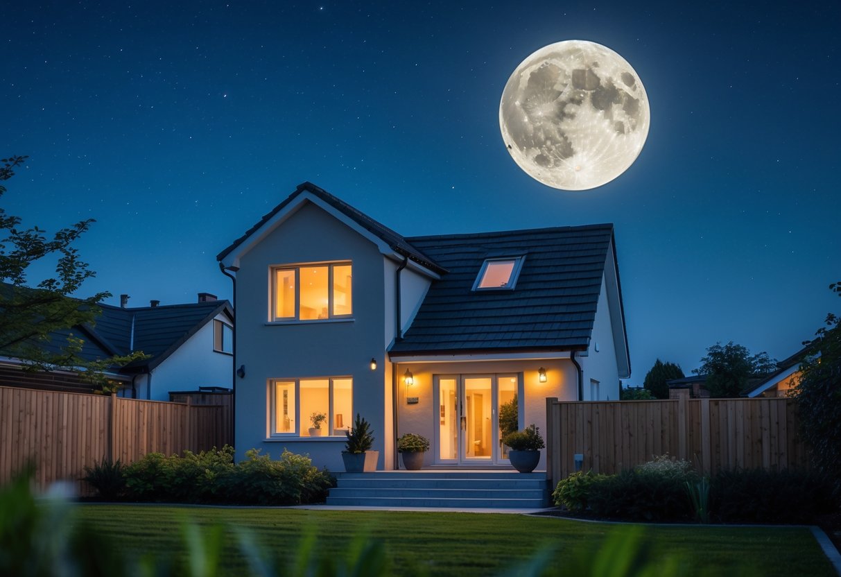 A modern suburban house illuminated by moonlight under a clear night sky with a bright full moon.