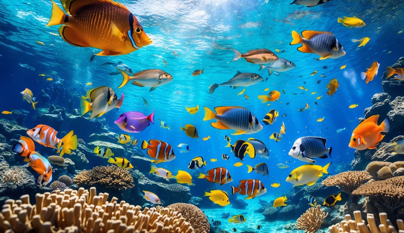 Pemandangan bawah laut dengan berbagai ikan tropis berwarna-warni berenang di sekitar terumbu karang.