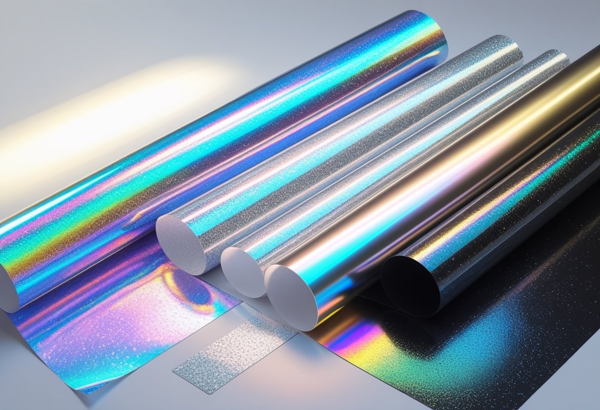 Vijf verschillende flexibele folies met speciale effecten zoals 3D, glitter en metallic, netjes naast elkaar weergegeven.