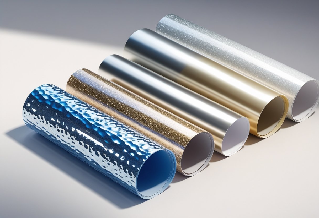 Vijf verschillende flexfolies met speciale effecten zoals 3D, glitter en metallic, netjes gerangschikt op een neutrale achtergrond.