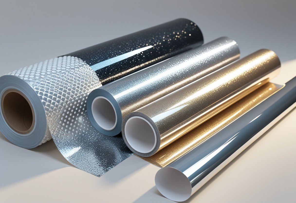 Vijf verschillende soorten flexibele folies met 3D, glitter en metallic effecten naast elkaar op een neutrale achtergrond.