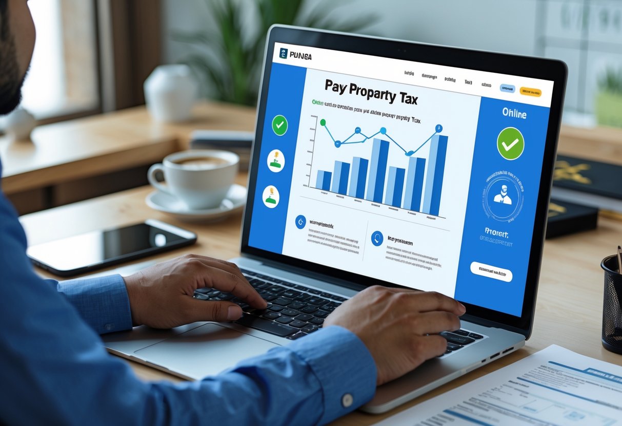 ایک شخص دفتر میں لیپ ٹاپ پر آن لائن پراپرٹی ٹیکس جمع کر رہا ہے۔