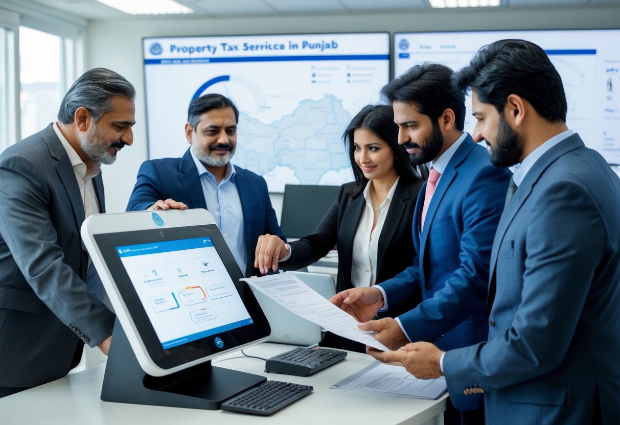 ایک جدید حکومتی دفتر جہاں لوگ آن لائن پراپرٹی ٹیکس چیک اور جمع کروا رہے ہیں۔