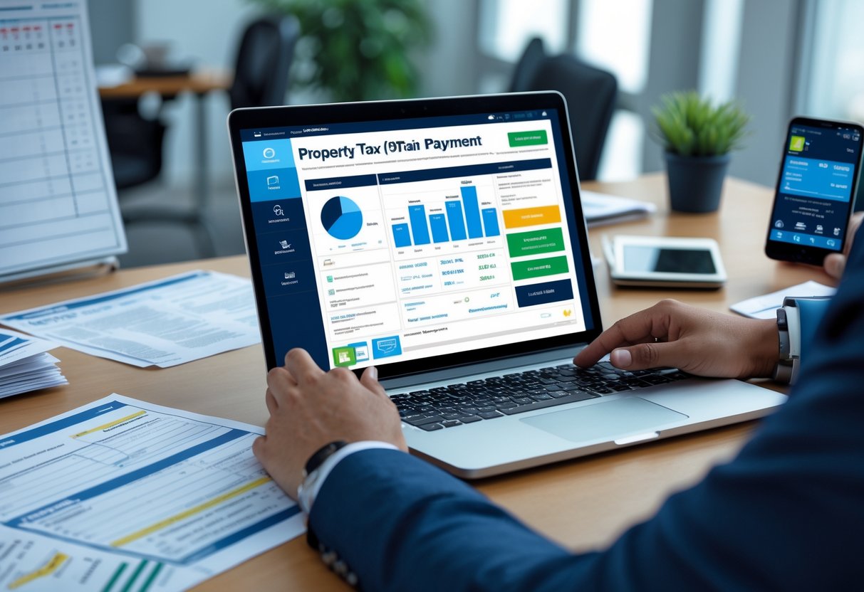 ایک شخص کمپیوٹر پر آن لائن پراپرٹی ٹیکس کی ادائیگی کر رہا ہے، میز پر اہم دستاویزات رکھی ہوئی ہیں۔