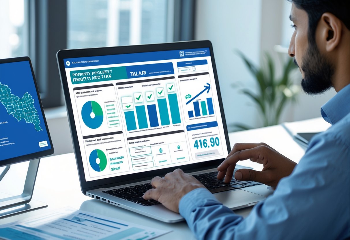 ایک شخص کمپیوٹر پر پنجاب میں آن لائن پراپرٹی رجسٹری اور ٹیکس کی جانچ کر رہا ہے۔