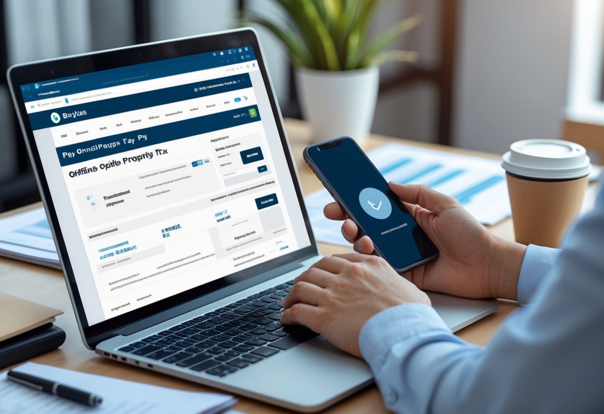 ایک شخص دفتر میں کمپیوٹر اور موبائل فون استعمال کرتے ہوئے آن لائن پراپرٹی ٹیکس چیک اور جمع کر رہا ہے۔