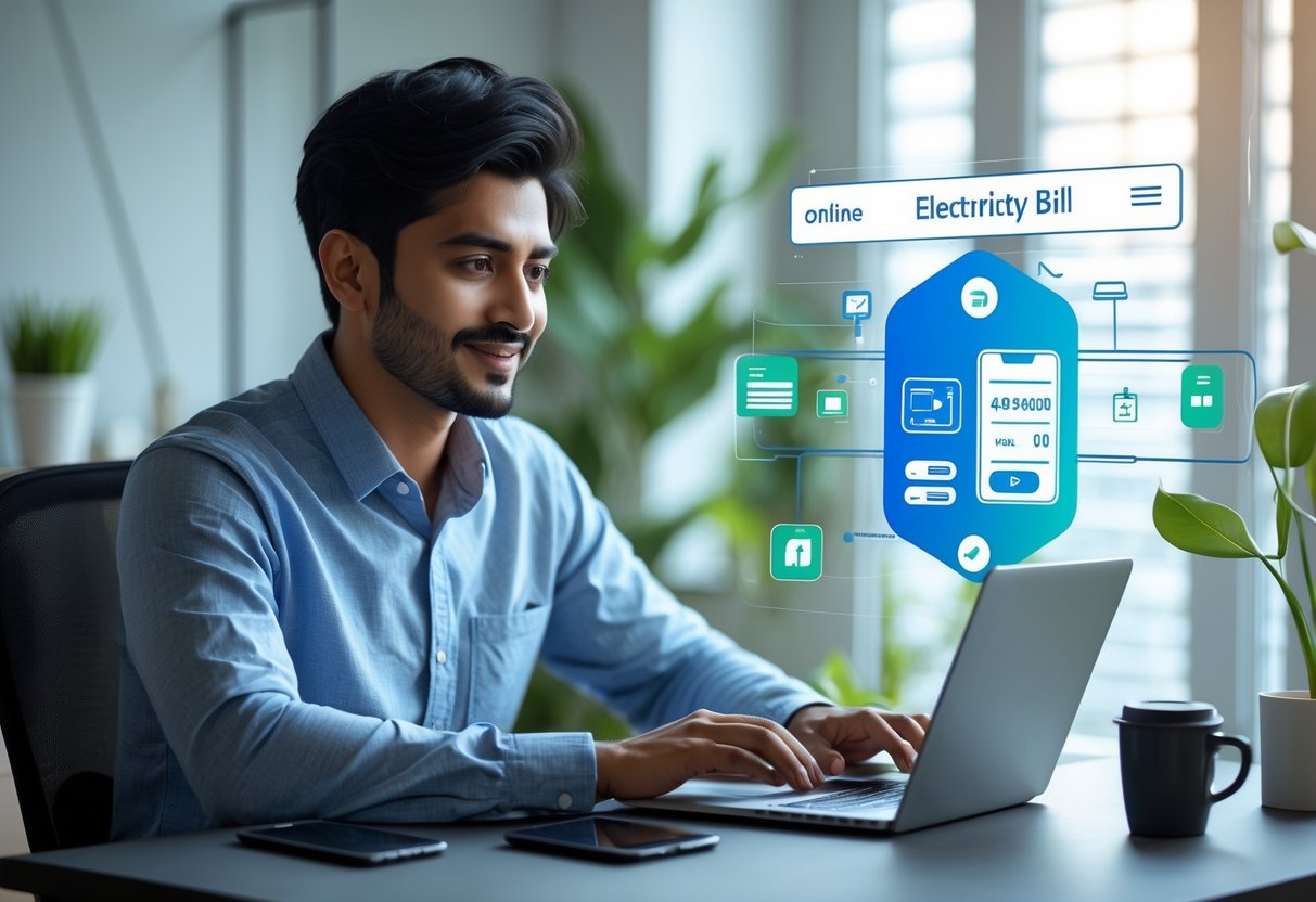 ایک نوجوان مرد گھر کے دفتر میں لیپ ٹاپ پر واپڈا کا بل آن لائن چیک کر رہا ہے۔