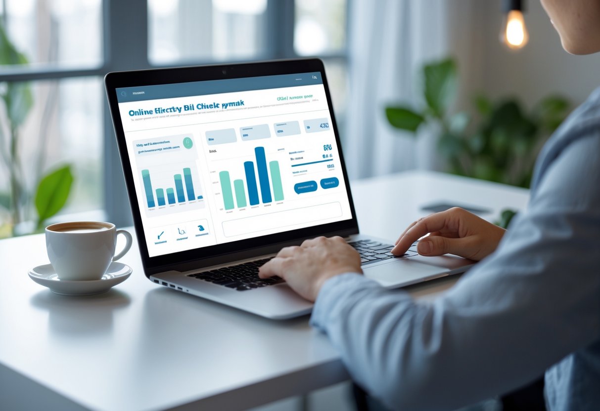ایک شخص گھر میں لیپ ٹاپ پر بجلی کا بل آن لائن چیک کر رہا ہے۔