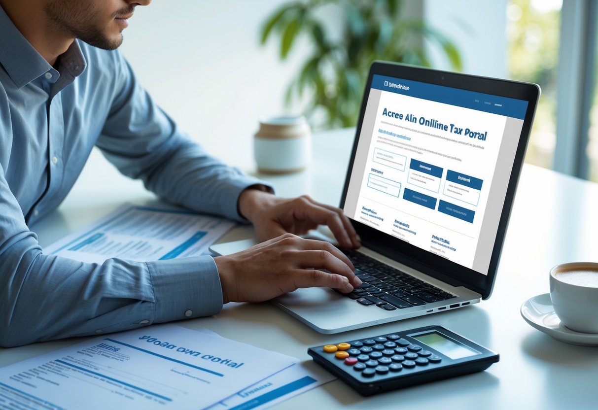 ایک شخص جدید ڈیسک پر لیپ ٹاپ استعمال کر رہا ہے تاکہ آن لائن ٹیکس پورٹل تک رسائی حاصل کرے۔