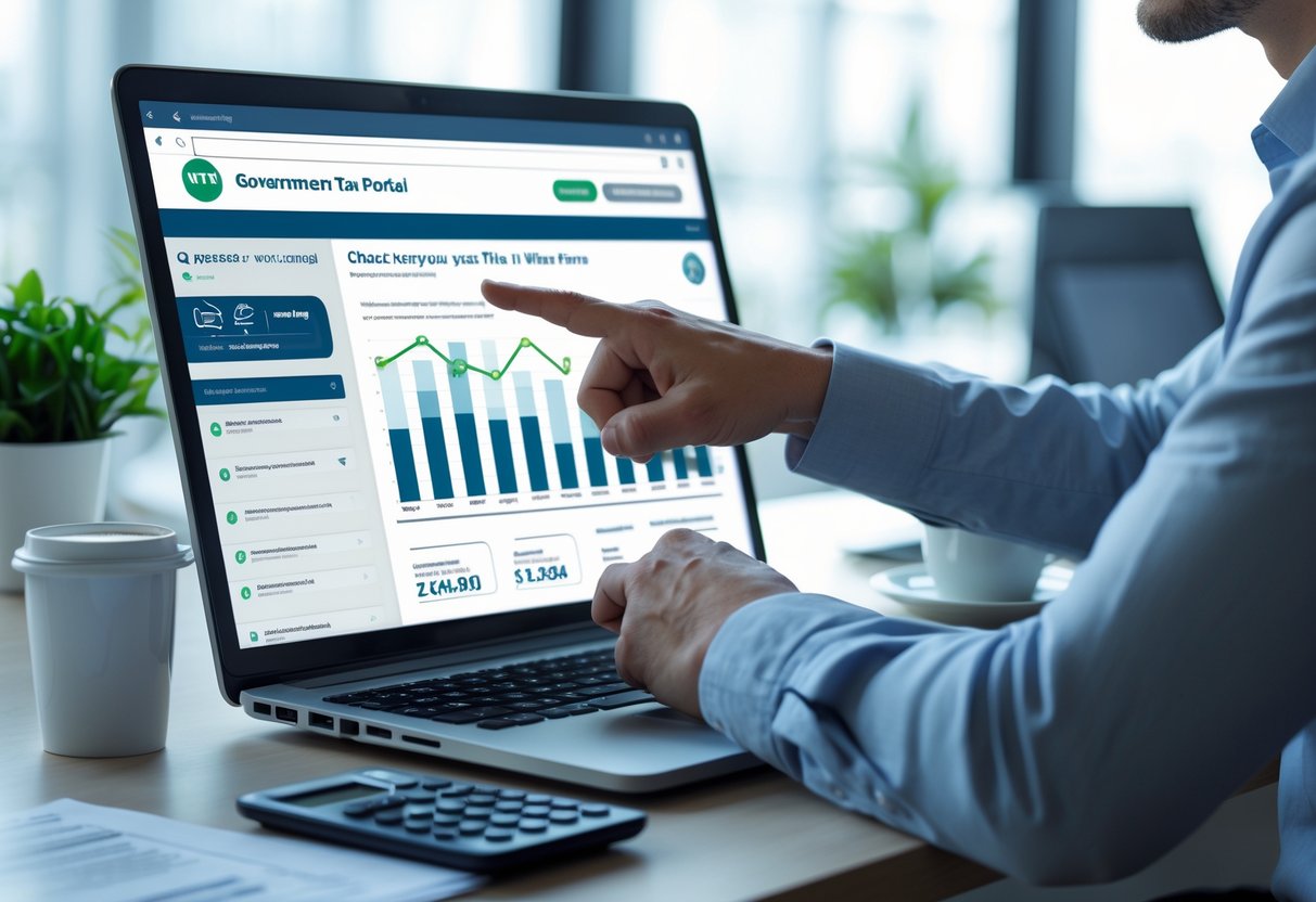 ایک شخص دفتر میں کمپیوٹر پر اپنا ٹیکس فائلر اسٹیٹس چیک کر رہا ہے۔