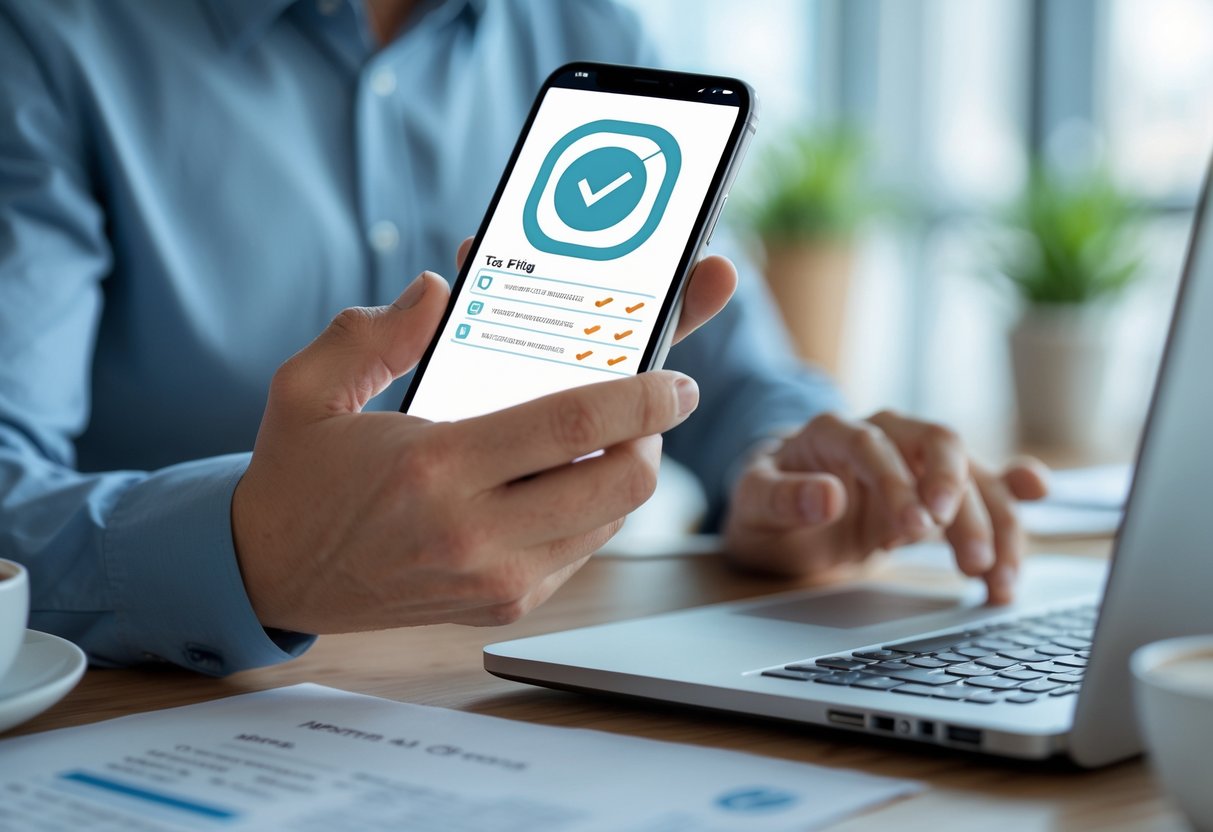 ایک شخص ہاتھ میں موبائل فون پکڑے ہوئے، ٹیکس فائلر کی حیثیت جانچ رہا ہے، دفتری ماحول میں۔