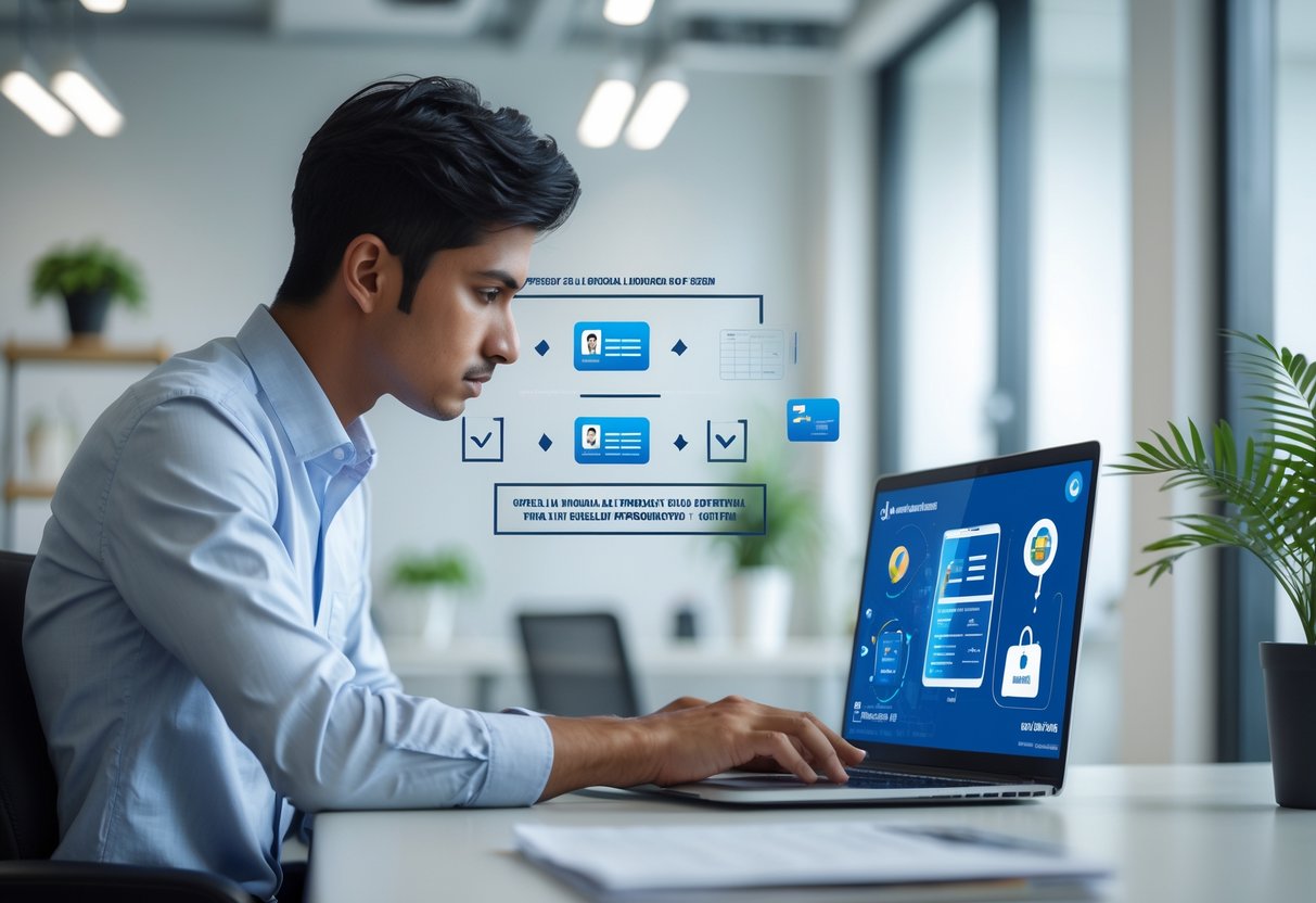 ایک نوجوان مرد کمپیوٹر کے سامنے بیٹھا ہوا ہے اور آن لائن معلومات چیک کر رہا ہے۔