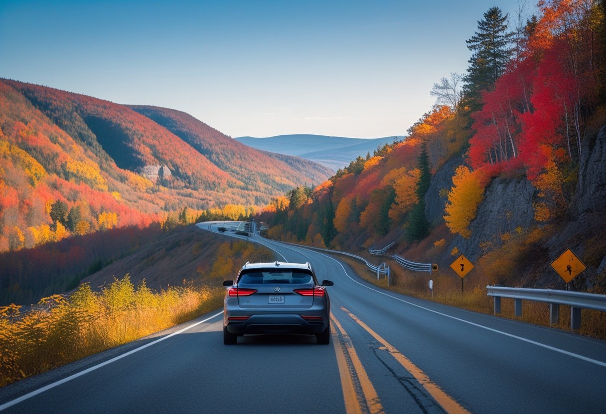 Une voiture roule sur une route sinueuse entourée d'arbres aux feuilles d'automne colorées au Québec.