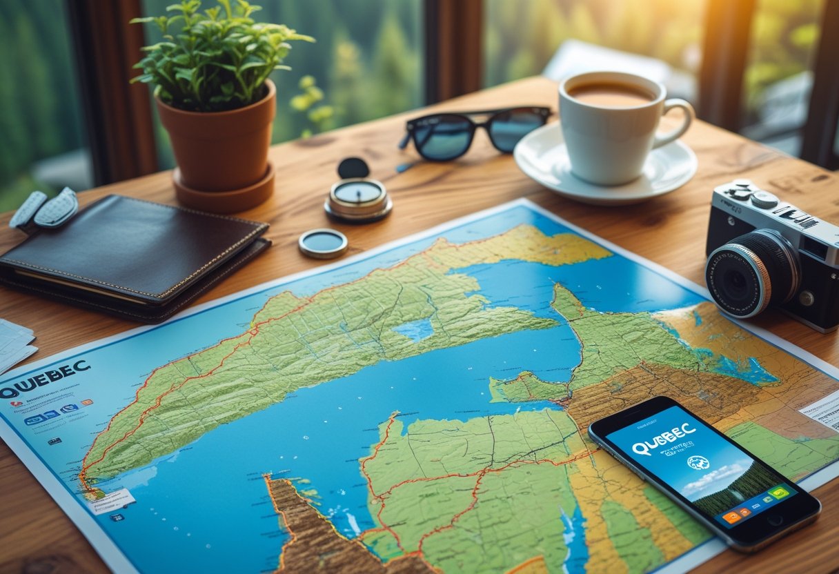 Une table avec une carte du Québec et des objets de voyage comme une boussole, un appareil photo et un smartphone, préparant un road trip.