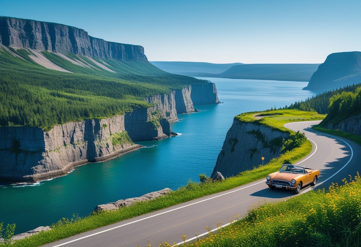 Route côtière sinueuse avec falaises escarpées, forêt verte et vue sur le golfe du Saint-Laurent sous un ciel clair.