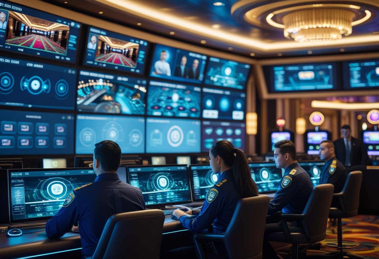 A team of security professionals monitoring multiple digital screens with casino surveillance footage and AI analytics in a modern control room overlooking a casino floor.