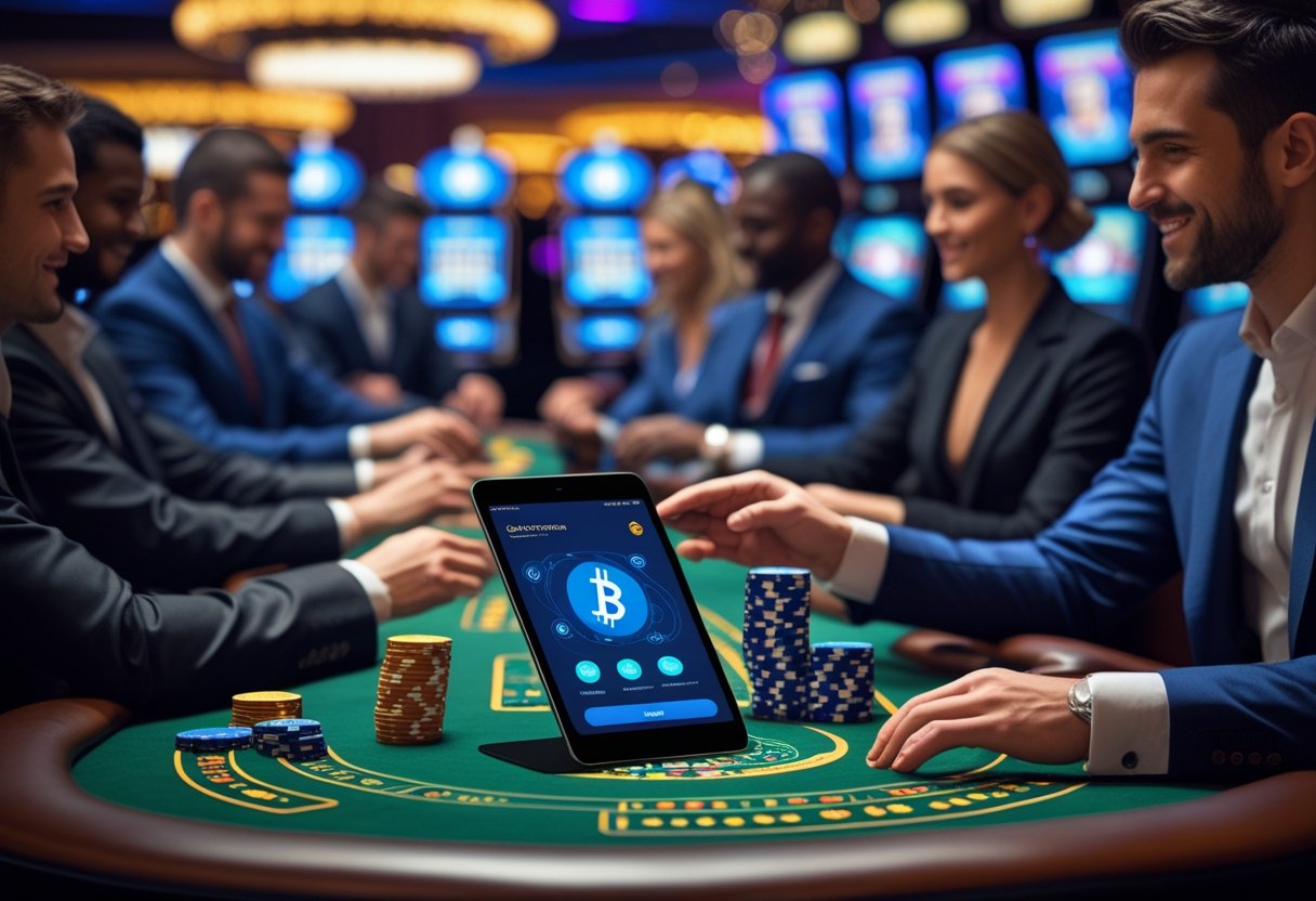 A casino table with poker chips and cards, a digital device showing a cryptocurrency wallet,