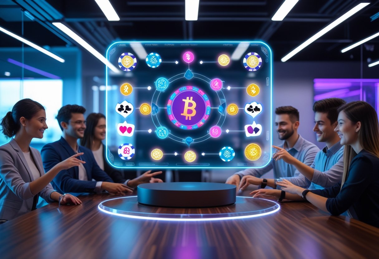 A group of people interacting with a holographic digital casino interface showing blockchain and casino symbols in a modern tech office.