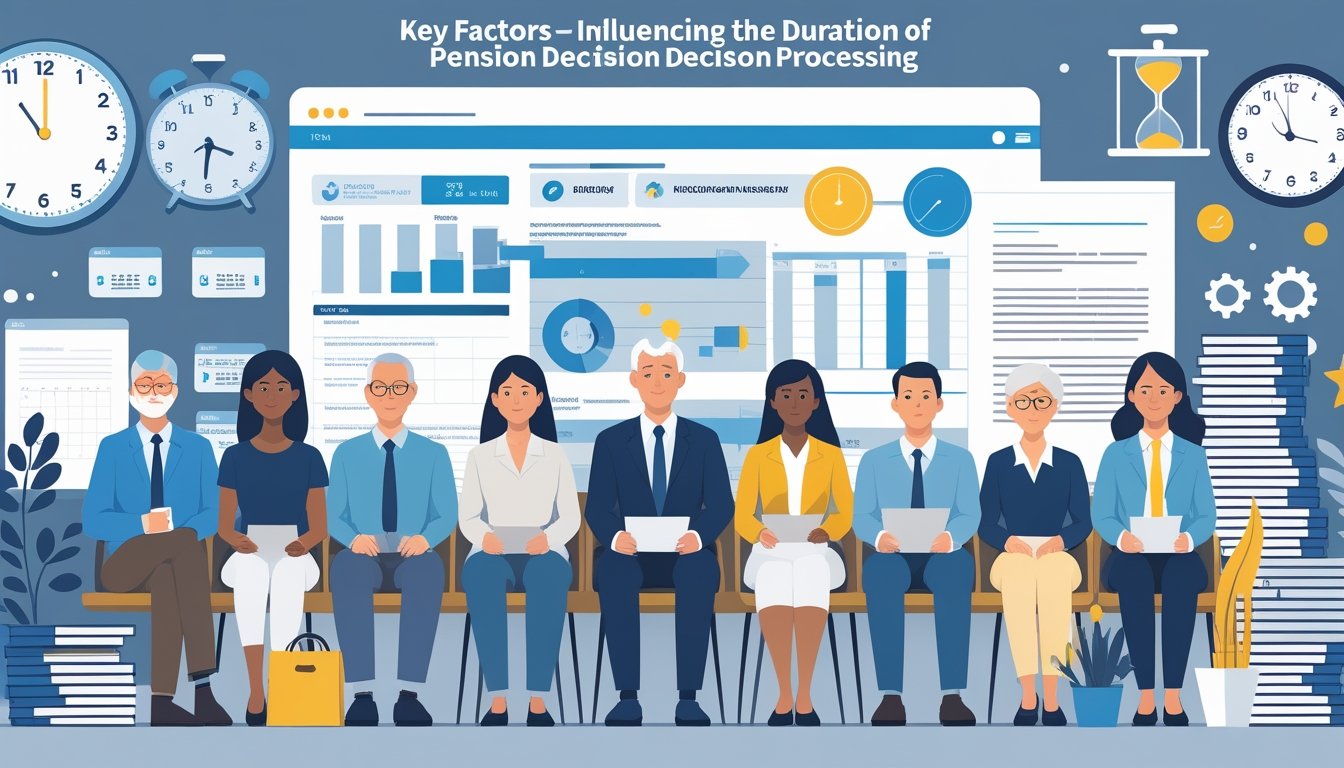 Ljudi različite dobi čekaju u uredu dok službenici pregledavaju dokumente i simboli vremena i administracije prikazuju trajanje postupka za rješenje o mirovini.