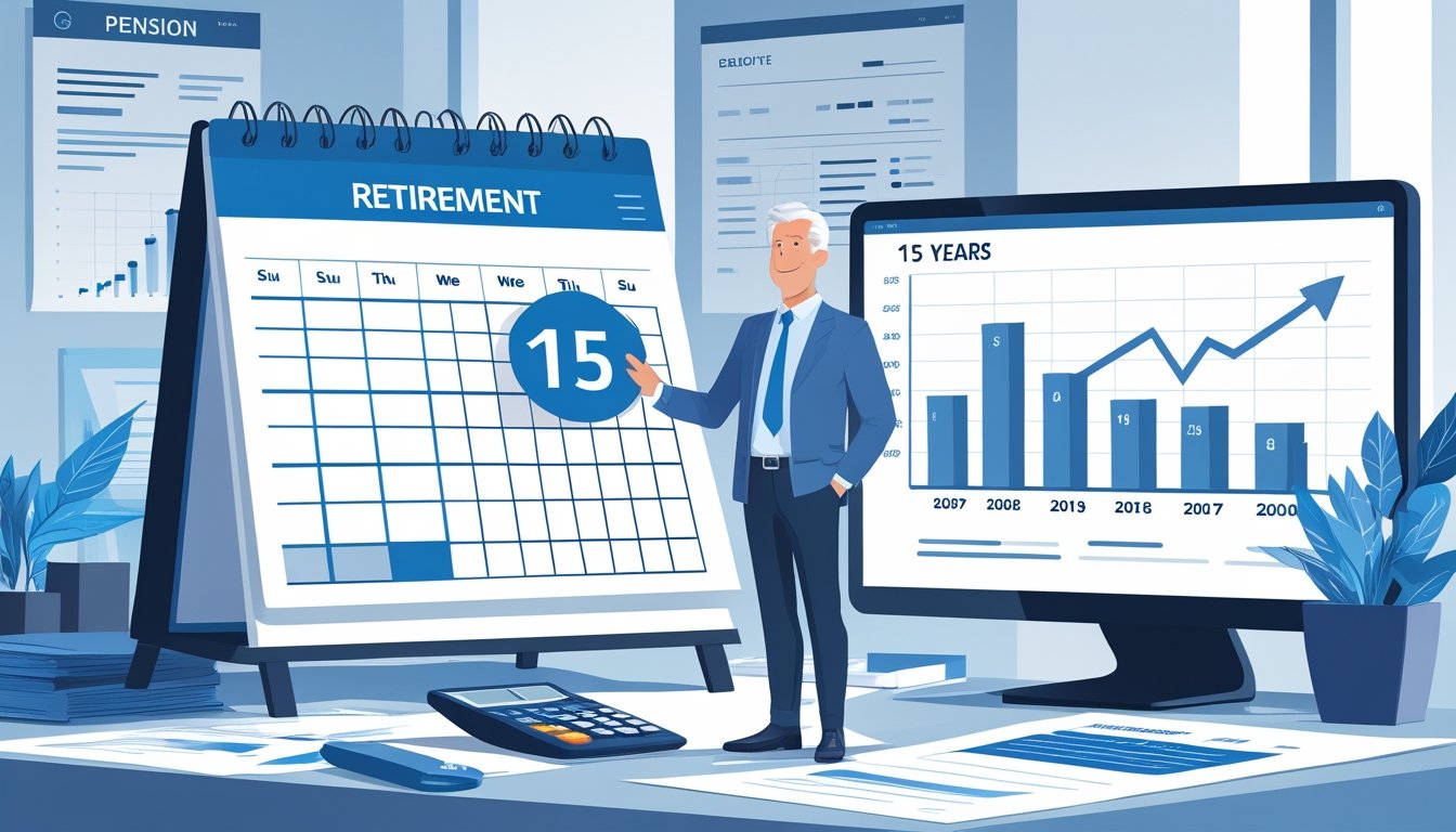 Osoba srednjih godina stoji pored kalendara označenog s 15 godina i uredskog okruženja s dokumentima i računalom.