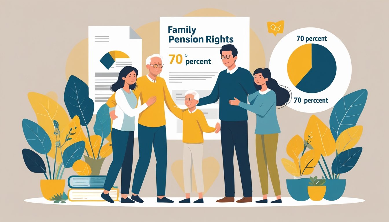 Obitelj različitih generacija gdje starija osoba prima podršku mlađih članova, simbolizirajući pravo na obiteljsku mirovinu od 70 posto.