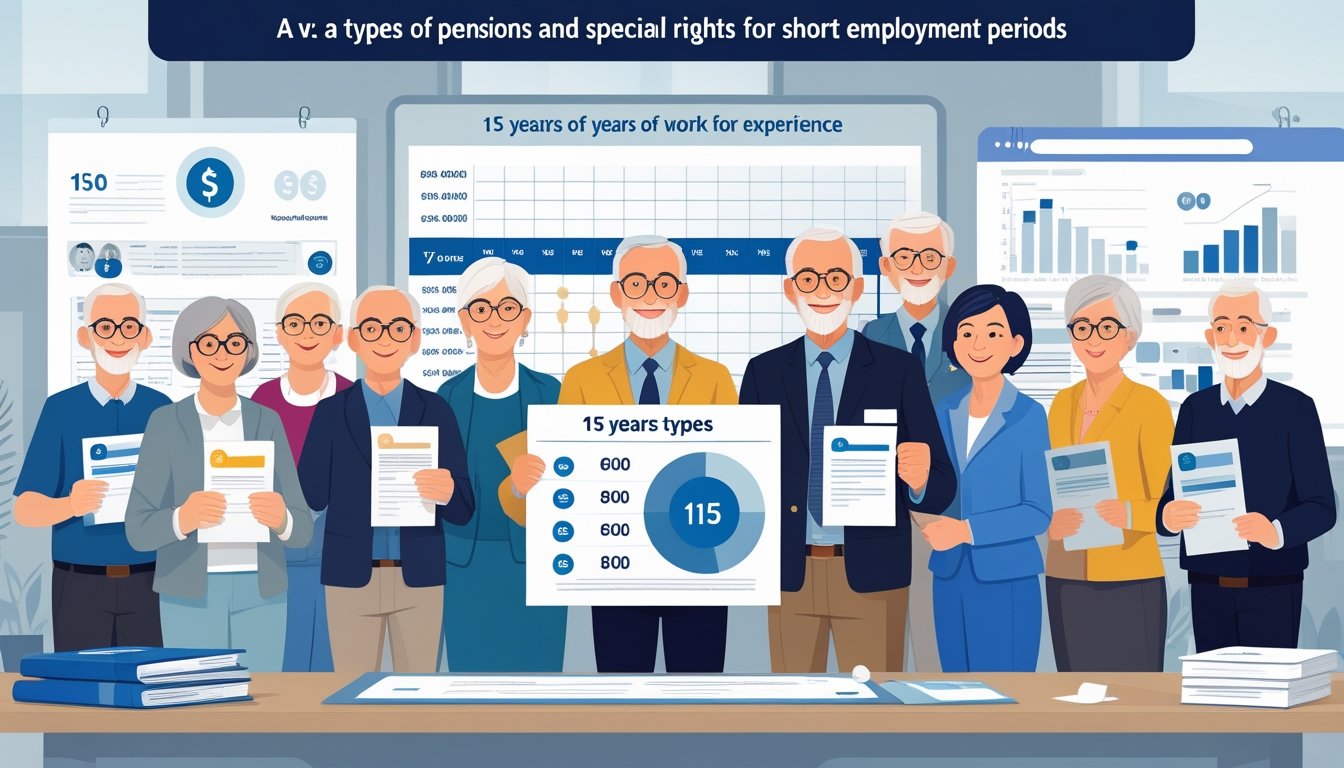 Skupina starijih osoba s dokumentima u uredu s grafikonima koji prikazuju vrste mirovina i prava za 15 godina staža.