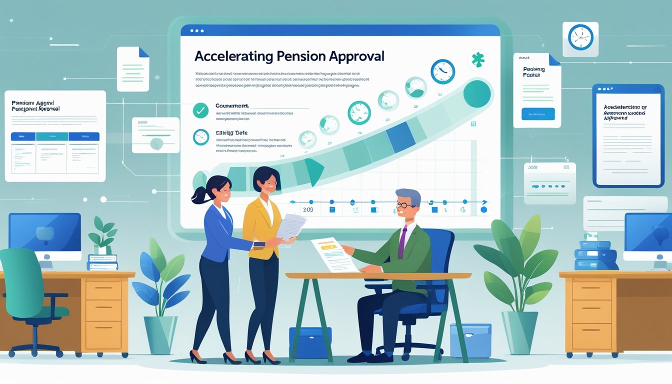 Osoba u uredu pomaže starijoj osobi s papirologijom, dok se u pozadini vidi digitalna vremenska crta koja prikazuje faze odobrenja mirovine.