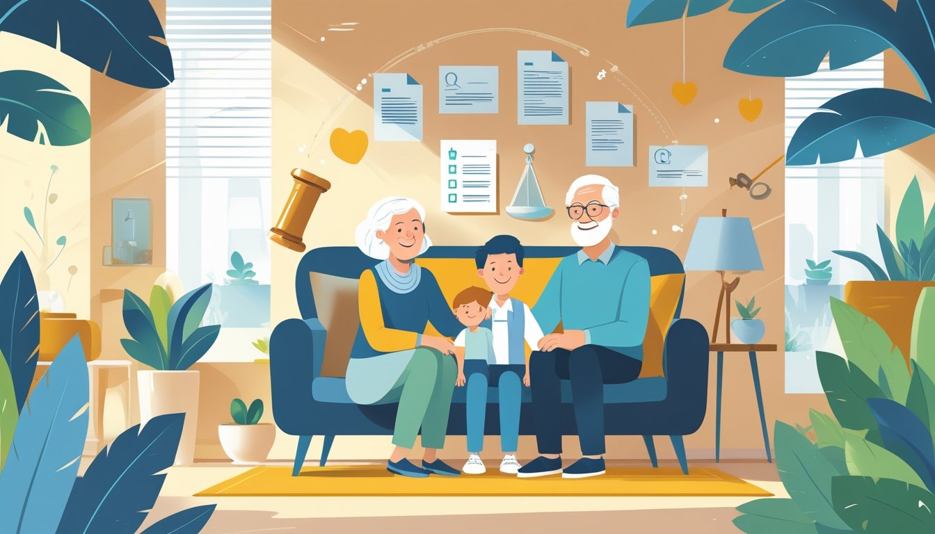 Obitelj tri generacije zajedno u dnevnoj sobi, prikazujući sigurnost i podršku u vezi s obiteljskom mirovinom.