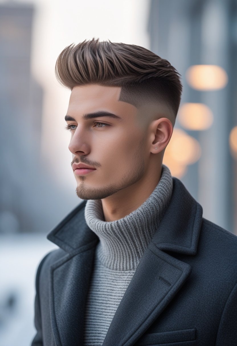 A young man with a clean fade haircut wearing a winter outfit, standing outdoors in an urban setting.
