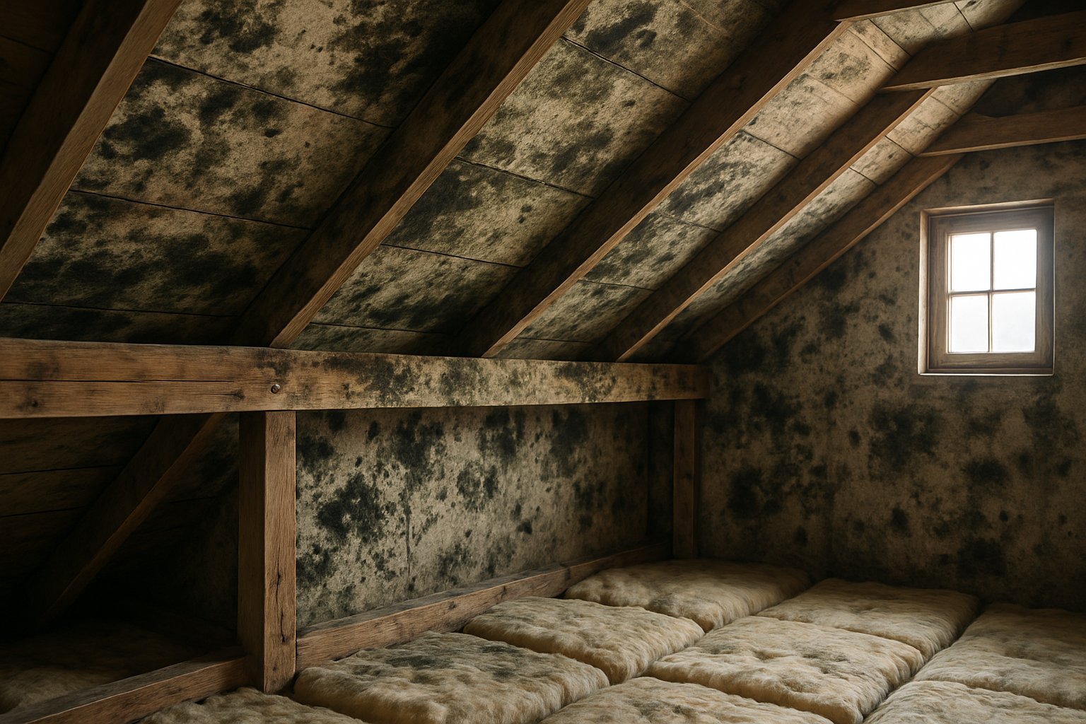 An attic interior showing five common causes of mold including poor ventilation, roof leaks, high humidity, plumbing leaks, and improper insulation, each paired with visible fixes.