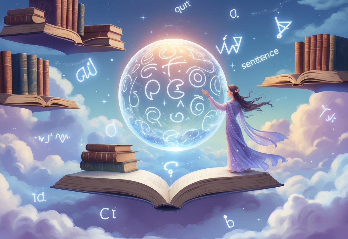 Mistična osoba u lebdećoj biblioteci okružena lebdećim knjigama i svjetlucavim simbolima jezika u oblacima.