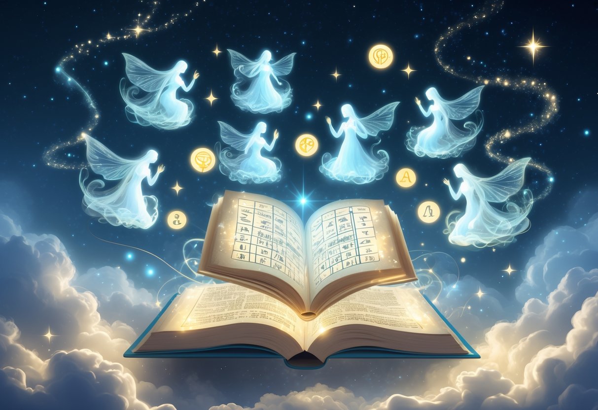 Mistična scena drevne lebdeće knjižnice s otvorenom lebdećom knjigom i sedam svjetlucavih figura koje simboliziraju učenje i pamćenje.