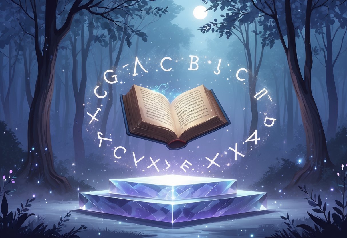 Plutajuća drevna knjiga iznad prozirne platforme okružena svjetlucavim slovima, u šumovitom okruženju s mekanim mjesečevim svjetlom.