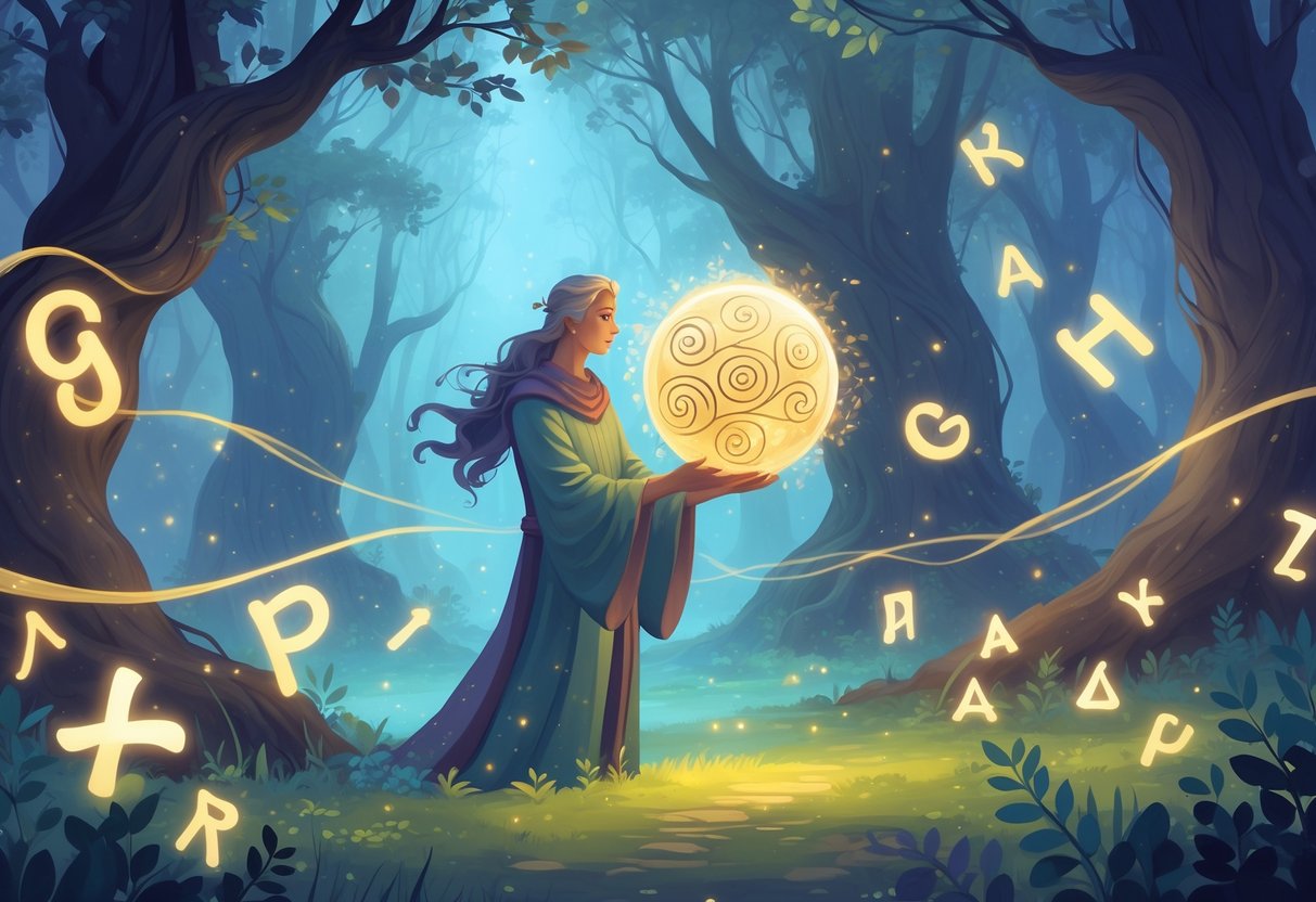 Čarobna šumska scena s mudrim likom koji drži svjetleću kuglu okruženu lebdećim slovima i simbolima.