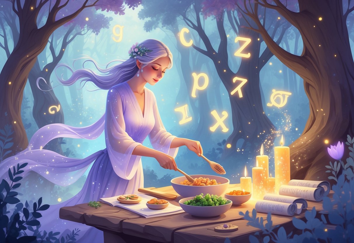 Majka priprema obrok u čarobnoj šumskoj kuhinji okružena svjetlucavim slovima i simbolima.