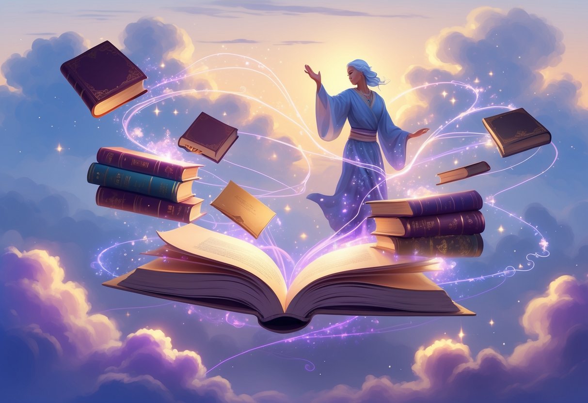 Mistična biblioteka u oblacima s lebdećim knjigama i svjetlećim simbolima koji povezuju njihove značenje, uz mudru osobu koja ih vodi.