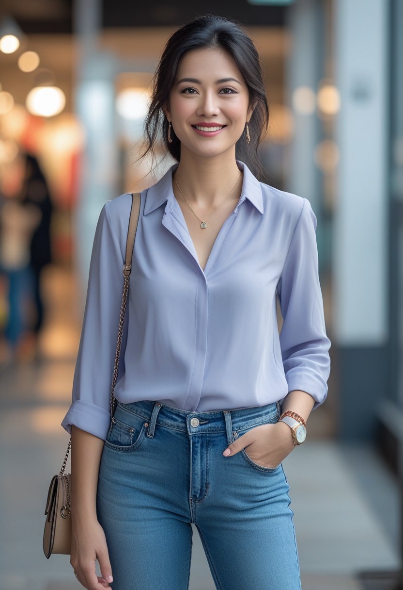 A young woman standing outdoors in a city wearing a fashionable outfit and smiling confidently.