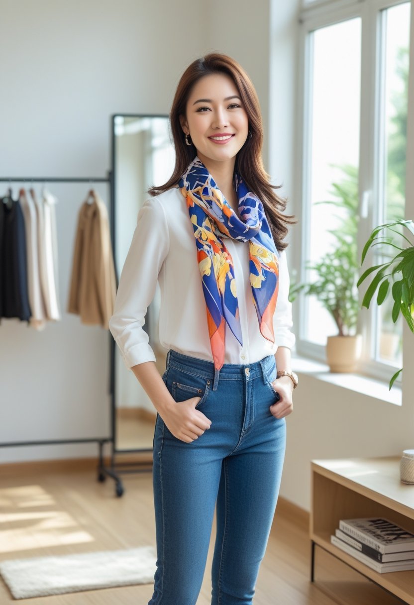 A young woman standing in a bright room with a clothing rack and mirror, smiling confidently.