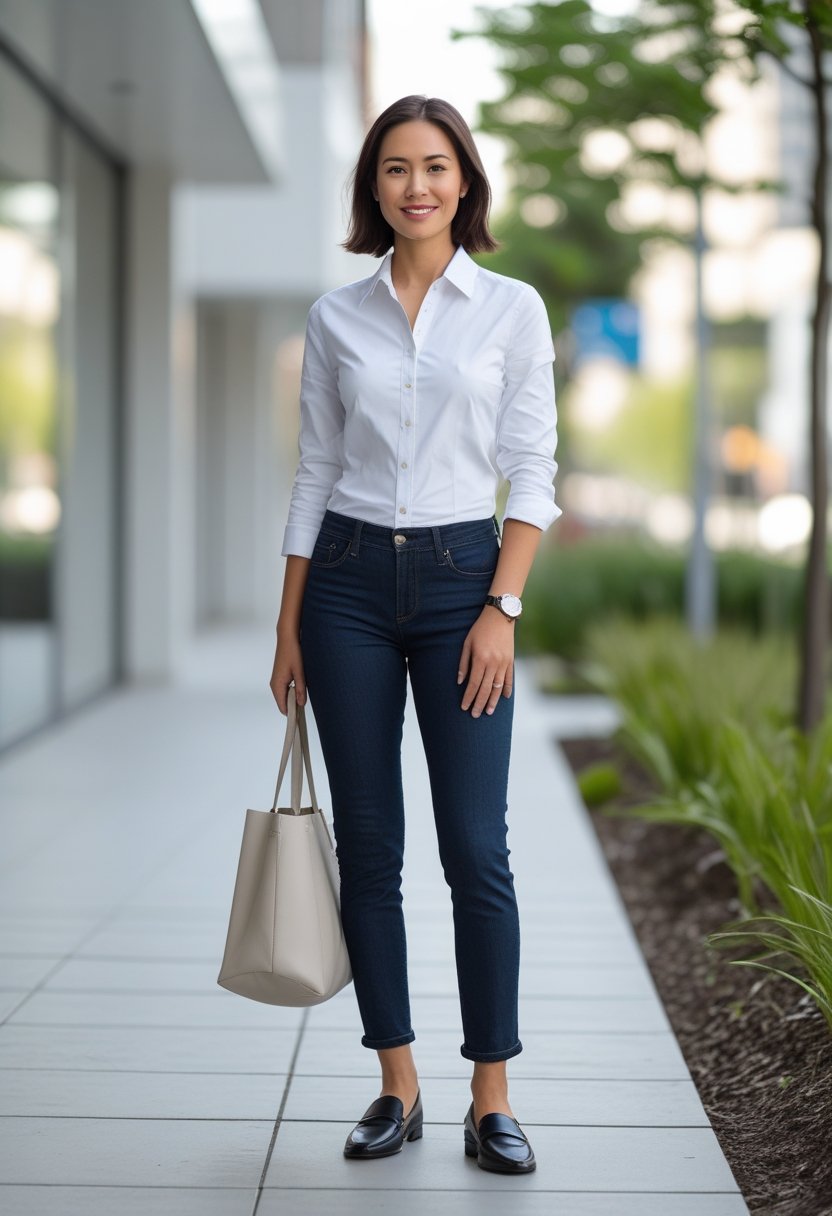 A young woman standing outdoors in a city wearing a white shirt and dark jeans, carrying a tote bag.