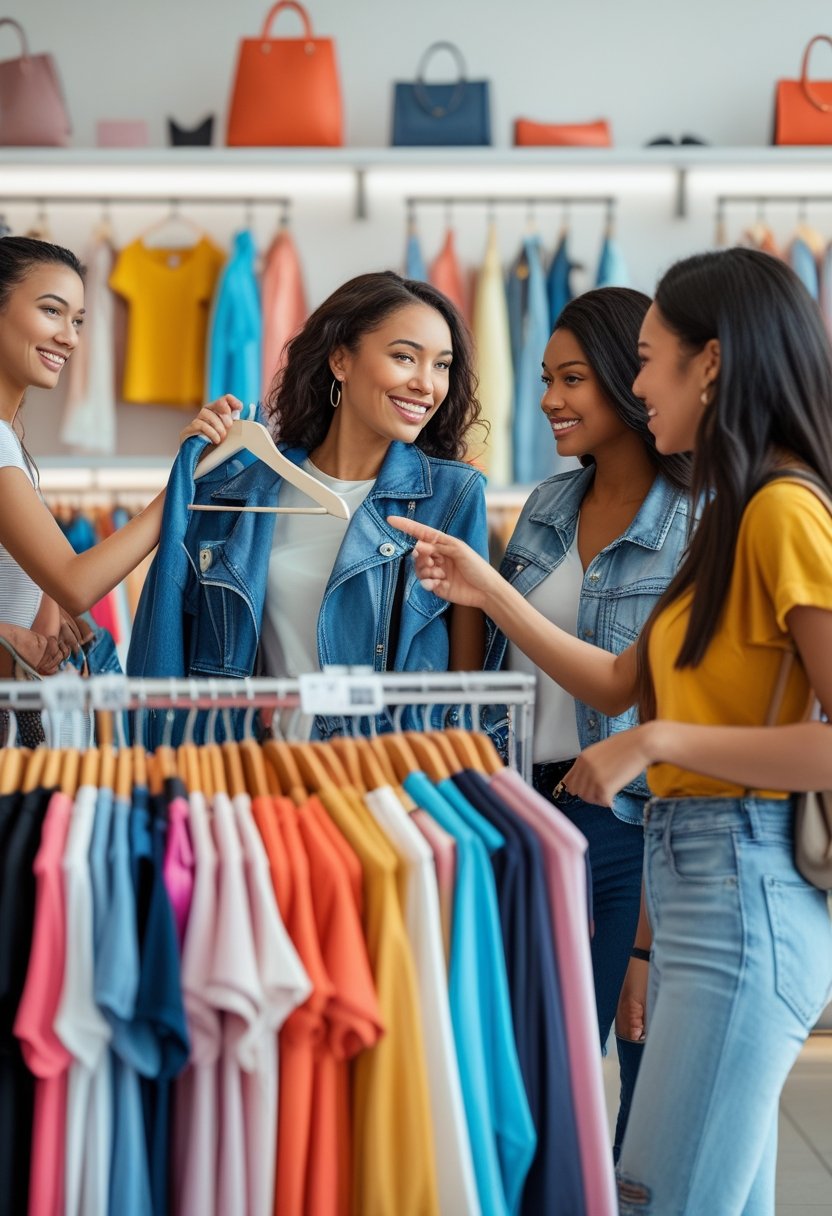 A group of young adults shopping for clothes together in a bright store, looking at garments and smiling.