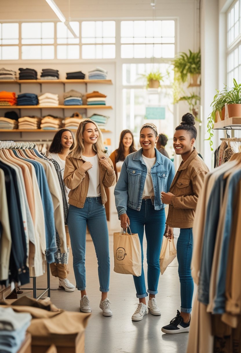 People shopping and trying on clothes in a bright thrift store filled with racks of secondhand clothing and natural light.