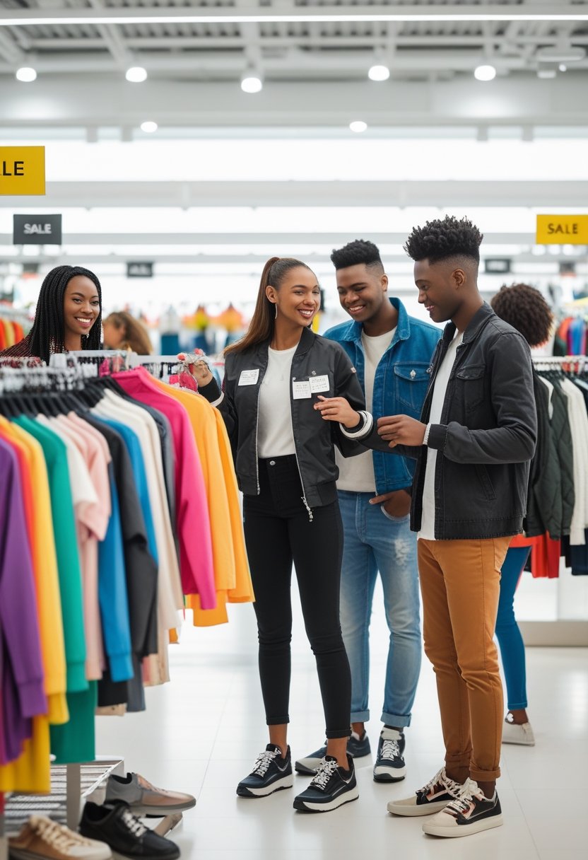 People shopping for clothes and shoes in a bright outlet store, looking at items on racks and smiling.