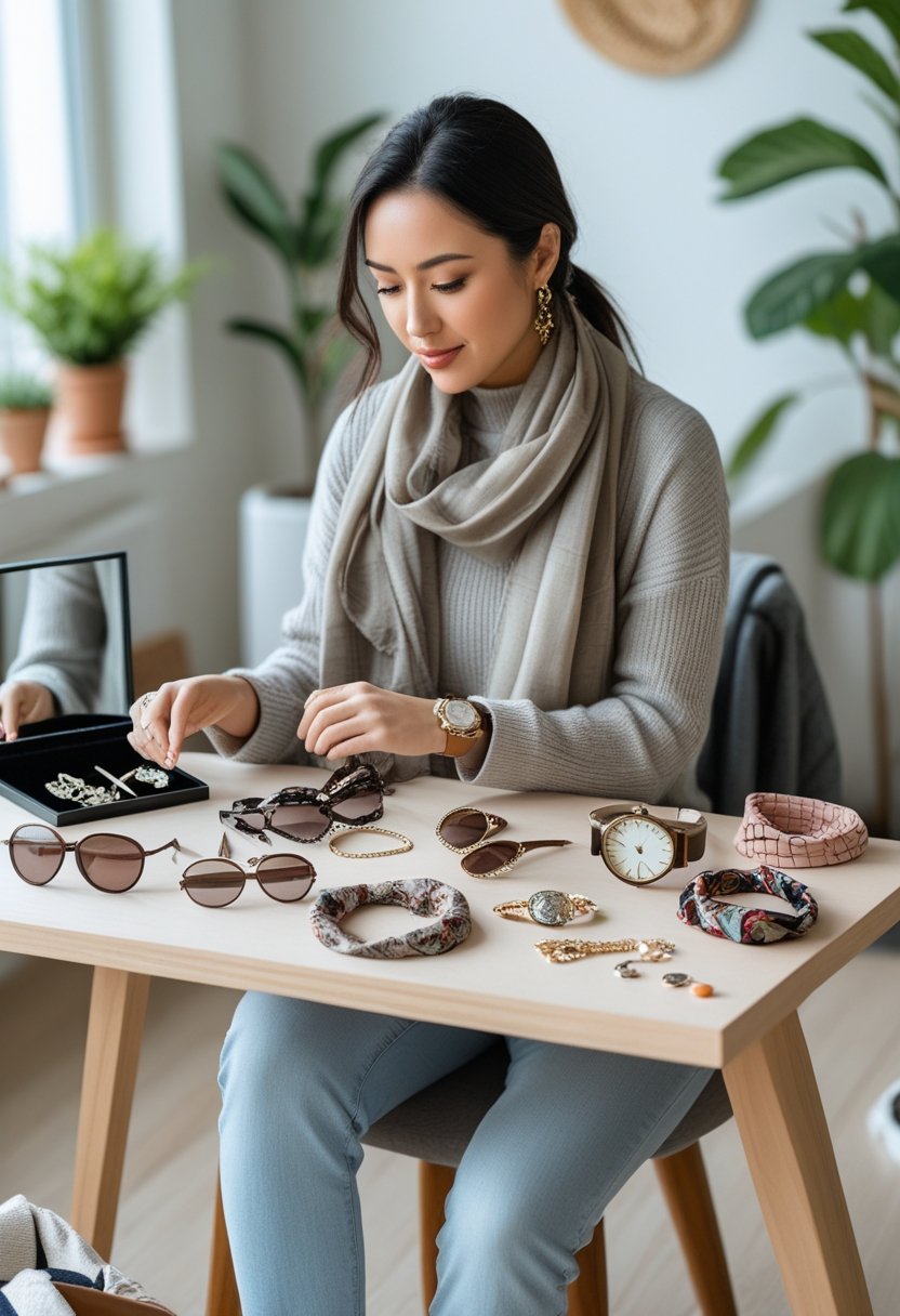 A young woman sitting at a table trying on various accessories like scarves and sunglasses in a bright room.