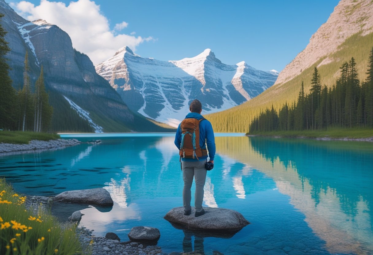 Un voyageur debout au bord d'un lac clair entouré de montagnes enneigées et de forêts de pins au Canada.